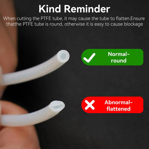 Close-up of PTFE tubes for 5 Way Filament Hub For Auto Switching And Multi Color Printing Compatible With Bambu Lab A1 And A1 Mini showing round and flattened ends with tick and cross indicators.