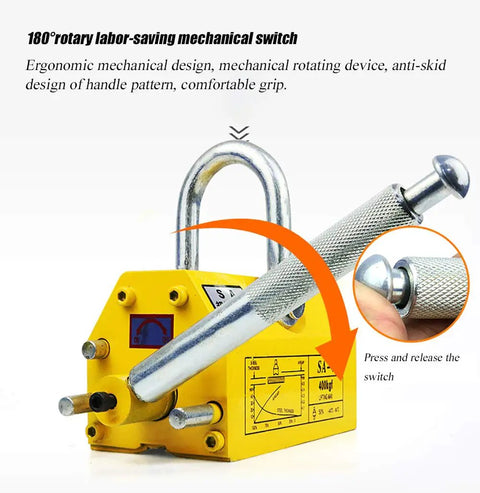 Heavy Duty Magnetic Lifter Featuring Rock Solid 1320lb Pull Strength With A Smooth Rotating Grip For No Sweat Steel Plate Handling During Tough Industrial Metal Crane Hoist Projects with ergonomic mechanical switch.