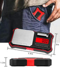 Portable Digital Pocket Scale With 200g Capacity And 0.01g Readability in a man's pocket, dimensions shown