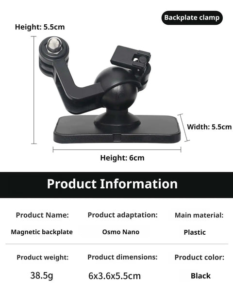 Magnetic Backplate Mount for Osmo Nano With One Quarter Inch Thread Adapter shown with size dimensions and product details.