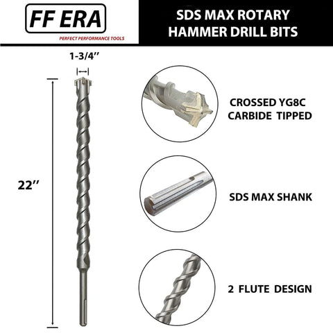 FF ERA SDS Max rotary hammer drill bit, 1-3/4 in x 22 in, carbide tipped, two-flute design with SDS Max shank