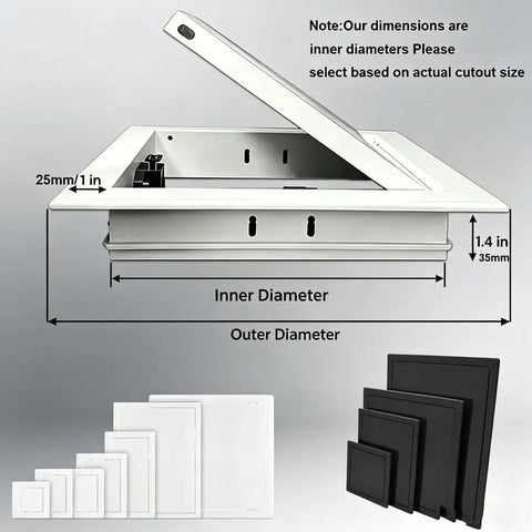 Heavy Duty Steel Access Panel For Drywall With Sleek Flush Mount Design showing dimensions and various size options.