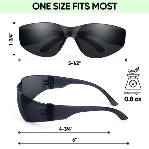 Solid Gear Clear Safety Glasses 120 Pack For Men And Women Featuring Ansi Z871 Approved Impact Shield Plus Anti Scratch Polycarbonate Lenses For Zero Hassle Workshop Adventures, side and top view with dimensions.