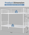 Dimensions of Heavy Duty Twin Over Twin Metal Bunk Bed With Sturdy Steel Ladder High Safety Guardrails Built Tough For Kids Teens Adults Dorm Room Extra Thick Steel Slats Keep It Rock Solid And Totally Squeak Free White