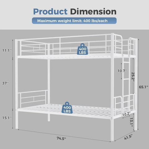 Dimensions of Heavy Duty Twin Over Twin Metal Bunk Bed With Sturdy Steel Ladder High Safety Guardrails Built Tough For Kids Teens Adults Dorm Room Extra Thick Steel Slats Keep It Rock Solid And Totally Squeak Free White