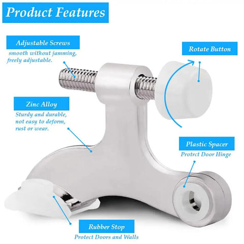 Close-up of Heavy Duty Door Stops 8 Pack Adjustable Hinge Pin Metal With Rubber Bumper Tips Silver features adjustable screws and rubber stop.