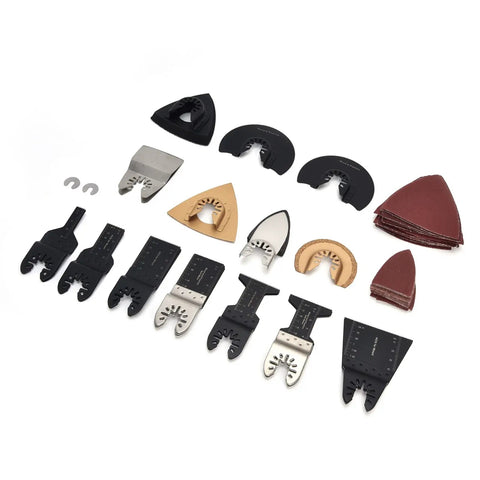 Wood Oscillating Multitool Blade Kit All-In-One 88 Piece Set with various blades and sandpapers for cutting and sanding wood and plastic.