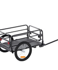 Black bike cargo trailer with two wheels, metal frame, and hitch arm, designed for carrying goods.