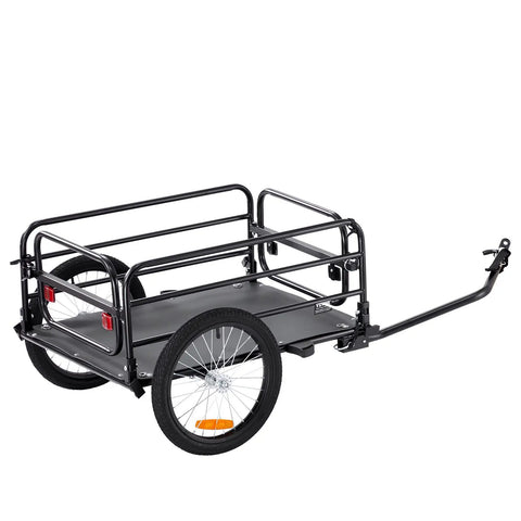 Black bike cargo trailer with two wheels, metal frame, and hitch arm, designed for carrying goods.