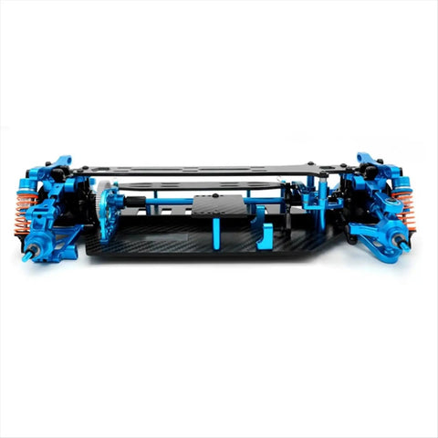 Carbon Fiber and Metal RC Chassis Frame for TT02 1/10 Scale with blue metal accents and rugged structure, side view