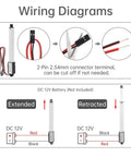 Heavy Duty Linear Actuator 10 To 200 Mm Stroke With 96 Newtons Force And 9.5 Millimeters Per Second Speed Reciprocating Motion Aluminum Housing IP54 IP65 Ready Flexible Front And Rear Mounting Options For Tough Industrial Setups. Wiring diagram with 2-pin connector and 12V battery connection