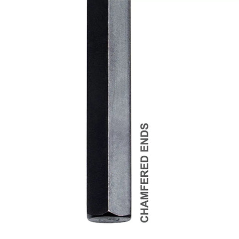 Close-up of chamfered tip on chrome vanadium steel from 30 Piece Hex Key Set With SAE And Metric Wrenches, L Shape, in durable storage case.
