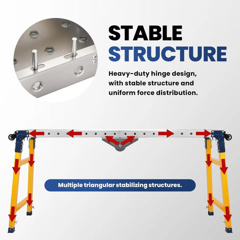 Super Heavy Duty Foldable Welding Table Workbench With 65 By 12 Inch Galvanized Steel Top showing stable hinge design and stabilizing structure.