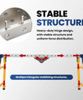 Hella Stable Foldable Welding Table, adjustable height workbench showing heavy-duty hinge and triangular stabilizers.