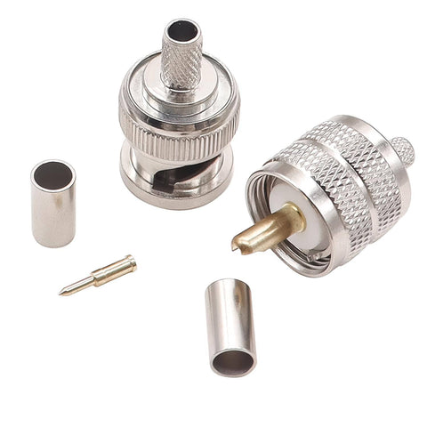 Close-up of UHF male connectors and pin from Coaxial Cable Tool Kit With Heavy Duty BNC Crimp Tool And 8 BNC And UHF Male Connectors