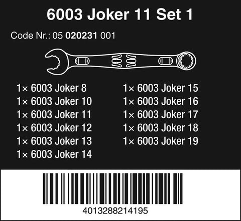 Image of Joker 6003 11 Piece Combination Wrench Set label showing sizes and barcode.