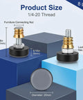 Adjustable Furniture Feet With One Quarter Inch Thread, Screw-In Leveling Feet With 20mm Base on display with dimensions