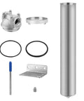Beefy Stainless Steel Whole House Water Filter Housing with Dual Three Quarters Inch NPT Ports components displayed