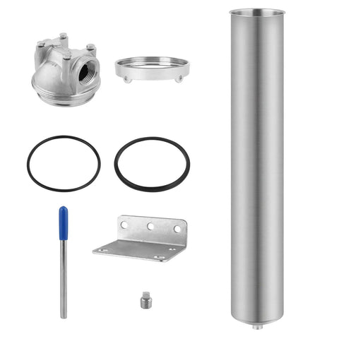 Beefy Stainless Steel Whole House Water Filter Housing with Dual Three Quarters Inch NPT Ports components displayed