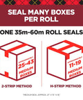 Diagram showing Secure Seal Packing Tape for shipping, methods to seal approximately 25-43 and 11-19 medium boxes.