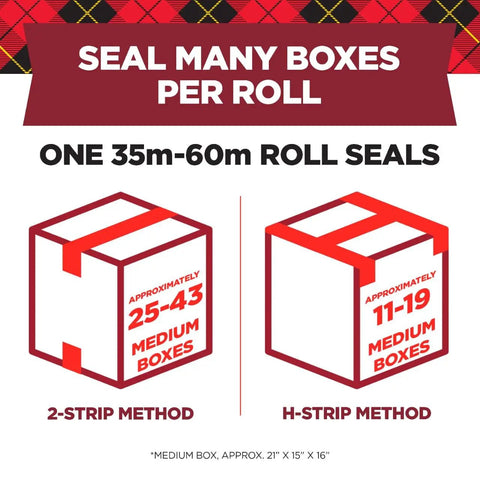 Diagram showing Secure Seal Packing Tape for shipping, methods to seal approximately 25-43 and 11-19 medium boxes.