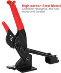 Four Pack Beefy Heavy Duty Toggle Latch Clamps Self Locking Adjustable, black high carbon steel, red handle grips, side view