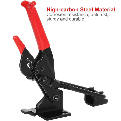 Four Pack Beefy Heavy Duty Toggle Latch Clamps Self Locking Adjustable, black high carbon steel, red handle grips, side view