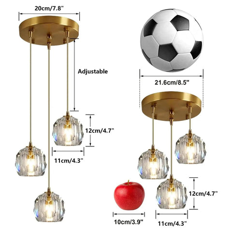 Size comparison of Three Light Crystal Cluster Pendant Chandelier In Gold Finish next to soccer ball and apple, showcasing dimensions.