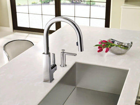 Modern Deck Mounted Kitchen Soap Dispenser S3947C With Above The Sink Refillable Bottle In Dope Chrome Finish next to faucet