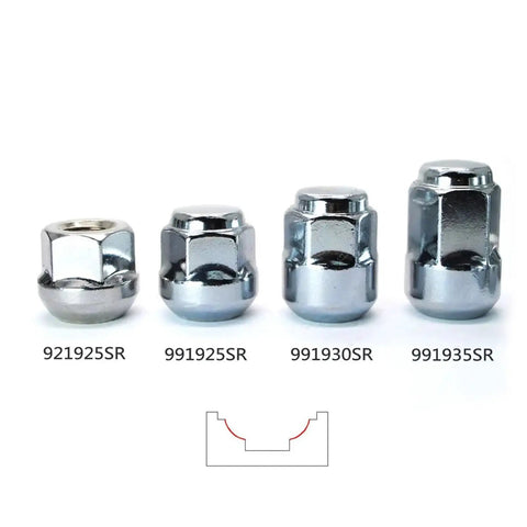 Heavy Duty Alloy Wheel Lug Nuts Compatible With Honda Accord And CrV Xrv Plus Acura Rims Featuring Acorn Ball Base M12x1.50 35mm Hex And 19mm Design For Ultimate Safety and Long Lasting Performance On The Road Today. four chrome alloy lug nuts with acorn ball seat and size markings