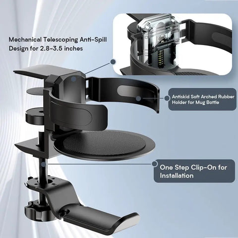 2 In 1 Desk Cup Holder And Headphone Hook with anti-spill design and rubber holder