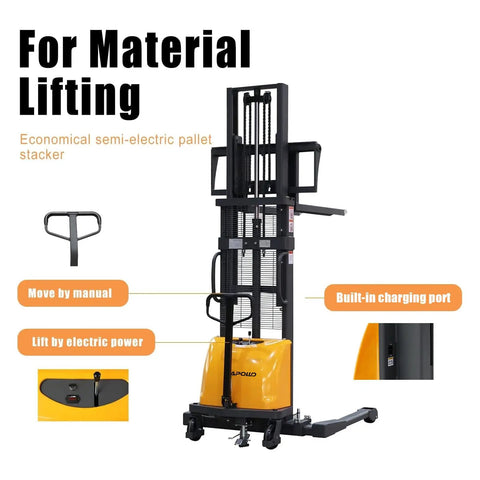 Semi Electric Pallet Stacker With Straddle Legs, 3300 Lb Capacity, 98 Inch Lift Height, showing manual and electric controls