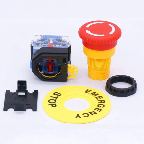 Components of Emergency Stop Push Button Switch 22mm 2NC Red Mushroom Stop Button Box 10A 440V Industrial Safety Switch With 4 Terminals