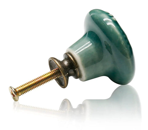 Slick Green Ceramic Cabinet Knobs 12 Piece Set with a smooth green knob and metal screw for retro furniture upgrades.