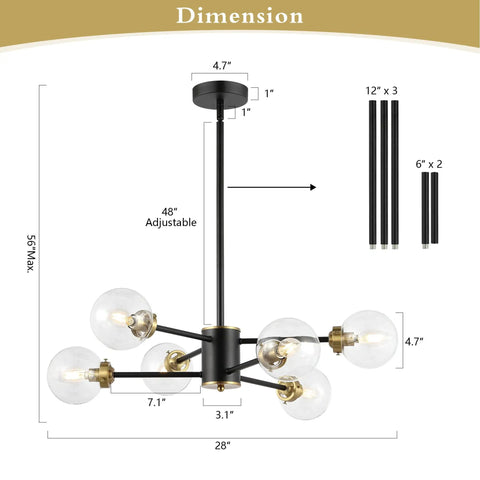 Dimensions of Six Light Sputnik Chandelier Pendant Light With 4.7 Inch Glass Globe Shades, adjustable black ceiling fixture.