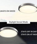 16 Inch LED Motion Sensor Ceiling Light with 23W 1200LM Daylight Sensor for indoor use showing daylight and always-on modes