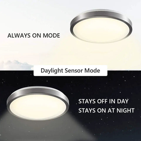 16 Inch LED Motion Sensor Ceiling Light with 23W 1200LM Daylight Sensor for indoor use showing daylight and always-on modes