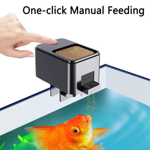 Hassle Free Wifi Smart Automatic Fish Feeder For Home Aquarium With App Programmable Timer Remote Control Usb Powered Dispenser For Dry Pellets Fish Tank Essential Black, showing manual feeding feature.
