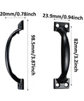 Dimensions and front view of Four Pack 4 Inch Vintage Barn Door Pulls In Black Metal For Cabinets And Drawers Screw In Handles Rustic Gate Pulls For Kitchen Furniture And Outdoor Use.