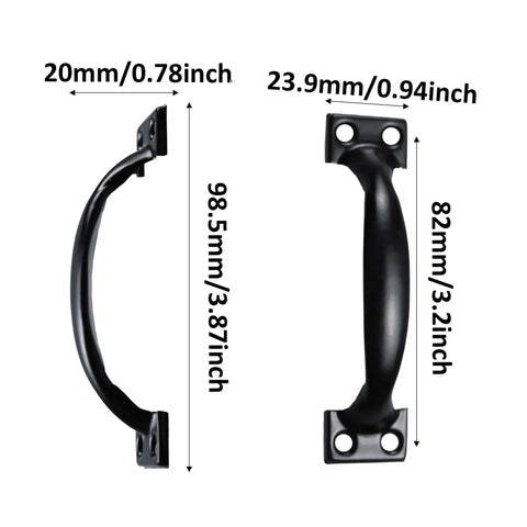 Dimensions and front view of Four Pack 4 Inch Vintage Barn Door Pulls In Black Metal For Cabinets And Drawers Screw In Handles Rustic Gate Pulls For Kitchen Furniture And Outdoor Use.