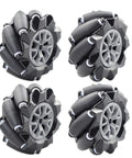 Four 96mm high-hardness plastic mecanum wheels with grey hubs and omni-directional rollers.