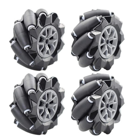 Four 96mm high-hardness plastic mecanum wheels with grey hubs and omni-directional rollers.