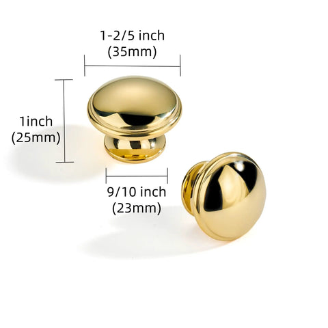 Handmade Solid Brass Cabinet Knobs Round Unlacquered Drawer Pulls Developing Rich Antique Patina Over Time Premium Kitchen Hardware Built Tough And Looking Damn Sharp For Daily Use. Two shiny brass knobs with size measurements.