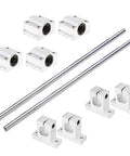 2 Piece 8mm By 300mm Linear Motion Rod Guide Kit With 4 Ball Bearings, 4 Aluminum Rail Supports, And 2 Steel Shafts visible.
