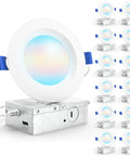 Pack Of Twelve 4 Inch Slim Canless Led Recessed Lights With Selectable 5Cct Dials Seamless Dimming And Built In Junction Box showcasing one light with junction box and additional lights.