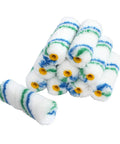 10 white foam rollers with blue and green stripes, part of a 60 Piece Mini Roller Cover Set For Small Edges And Tight Spots 4 Inch Foam Rollers With One Half Inch Nap Lightweight Washable For Easy Reuse And Quick Coating