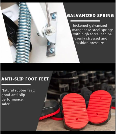 Rock Solid Aluminum Telescopic Attic Ladder With Fully Automatic Electric Pull Down System And Hella Grippy Anti Slip Steps showing galvanized spring mechanism and anti-slip foot pads.