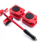 Ergonomic Furniture Lifter And Mover Tool Set With 4 Roller Pad Sliders, red lifting bar and slider pads for easy moving.