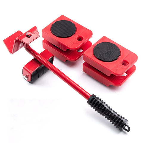 Ergonomic Furniture Lifter And Mover Tool Set With 4 Roller Pad Sliders, red lifting bar and slider pads for easy moving.