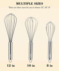 Go-To Stainless Steel Balloon Whisk Set in 8 Inch, 10 Inch, and 12 Inch Sizes - 3 durable rust-resistant wire whisks displayed vertically
